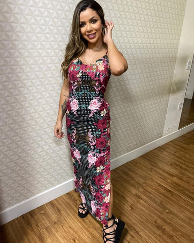 Vestido Longo Com Detalhes Rosa